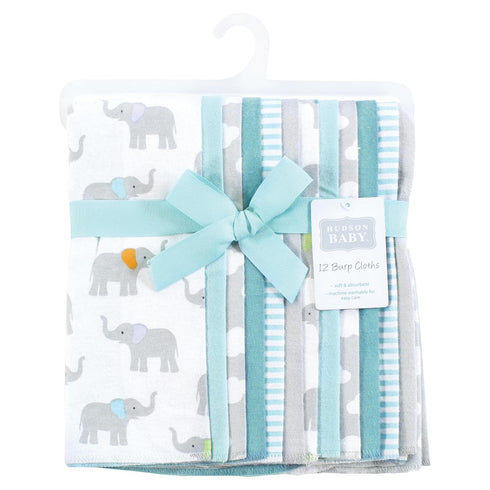Hudson Baby Unisex Baby Flannel Burp Cloth 12pk, Teal Elephant, One Size by Hudson Baby