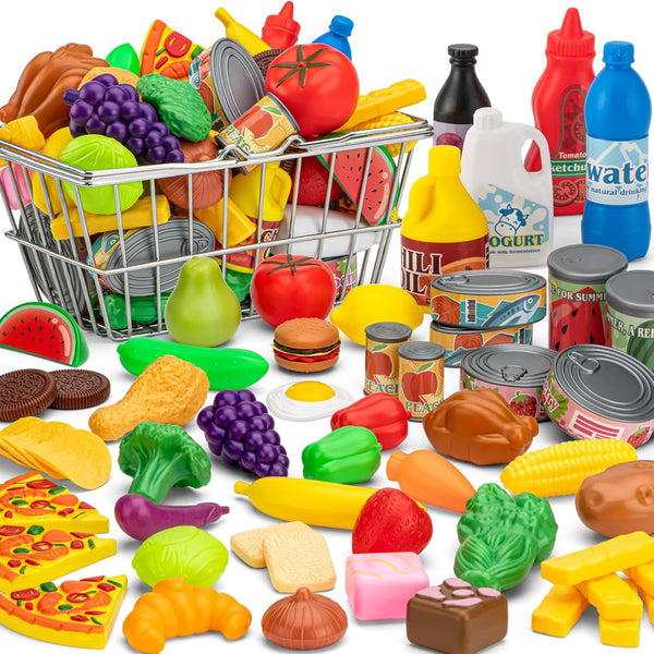 55 Pcs Grocery Store Pretend Play Food Set with Shopping Basket for