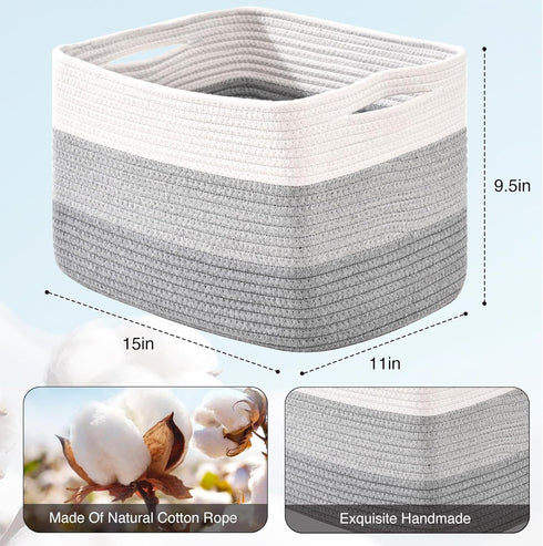 Storage Baskets for Organizing Shelves, 3 Packs Woven Cotton Rope Baskets for Books Towels Toys, 15"x11"x9.5", Gradient