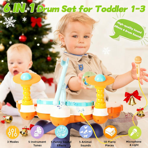 Set 1-3, Set 1 2 3 Toddler Drum for Toddlers Upgraded Baby Drum with Microphone, Adjustable Cymbals & Stable Base, Soft