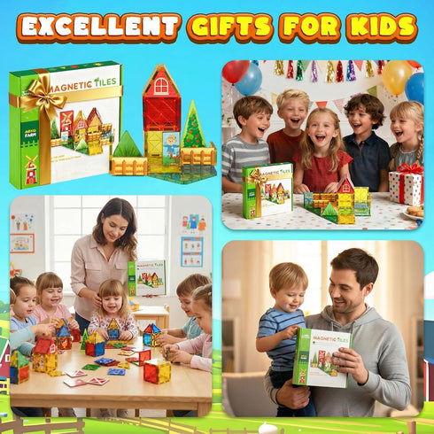 3 42PCS Otters Magnetic Tiles Toys with Farm Animals, Magnetic Building Blocks Educational STEM Toys for Birthday Party