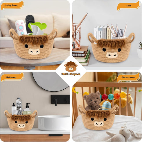 Set 2PCS Pack 2 Small Highland Cow Basket for Nursery, Woven Cotton Rope Storage Cow Basket, Cute Baby Blanket Gift