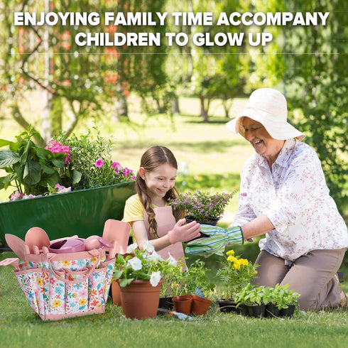 Set 14Pcs Qtioucp Kids Gardening Garden Tools with Tote Bag,Watering Can, Shovel, Apron, Garden Book and More