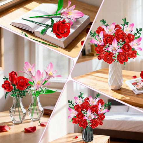 Set CUBIMANA Rose Flower Bouquet Building with LED - Red Rose Botanical Collection Kit for Adults Women