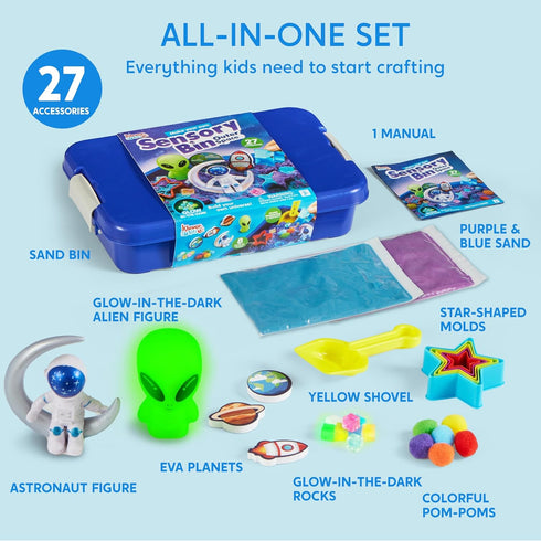 3+ JOVA Klever Kits Outer Space Sensory Bin for Toddlers with Glow in The Dark Alien and Rocks, Sandbox with Lid