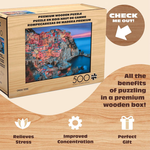 500 14 Buffalo Games - Piece Wooden Jigsaw Puzzle - Cinque Terre - Unique Cut Pieces - Wooden Box - Full Size Poster