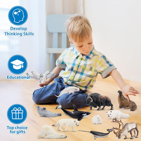 12PCS 4-7" Set Toymany Large Polar Animals Figurines, Plastic Arctic Animal Toy Preschool Includes Polar