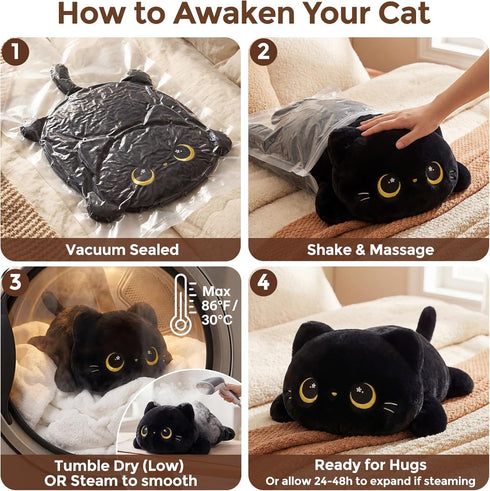 (13 Inch) Mewaii Cute Black Cat Plush Pillow, Kawaii Plushies Black Cat Stuffed Animals, Squishy Plushies, Cuddle Plush