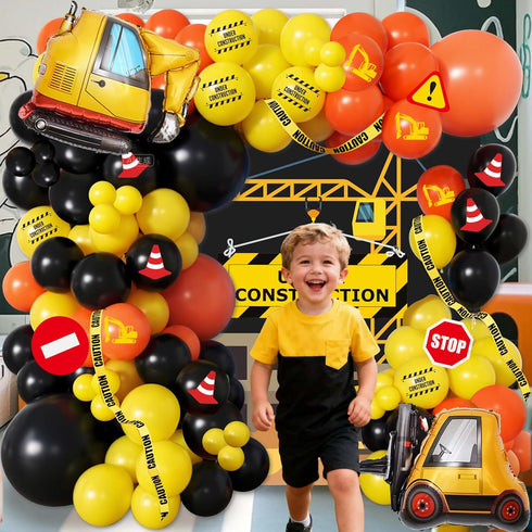 102pcs 18/12/10/5 Inch 2nd 3rd Construction Birthday Party Decorations Balloon Garland Arch Kit with Foil Excavator