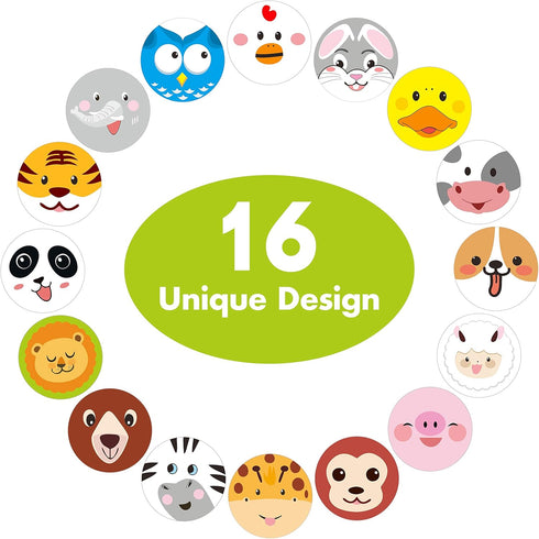 600 Pcs Adorable Round Face Animal Stickers in 16 Designs for Kids Party Favor (1.5" Diameter Each)