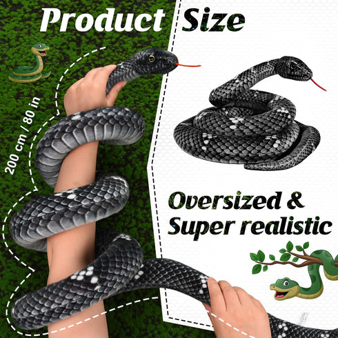 80in Large Stuffed Snake, Lifelike Plush Animal for Kids, Giant Birthday Gift Party Prank Prop, Black