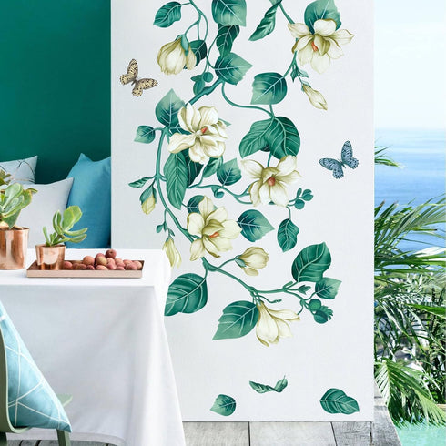 Amaonm Removable DIY 3D White Floral Leaf Art Decor, Blue Flower Vine Wall Sticker for Kids Room, 4 Sheets 12"x18"