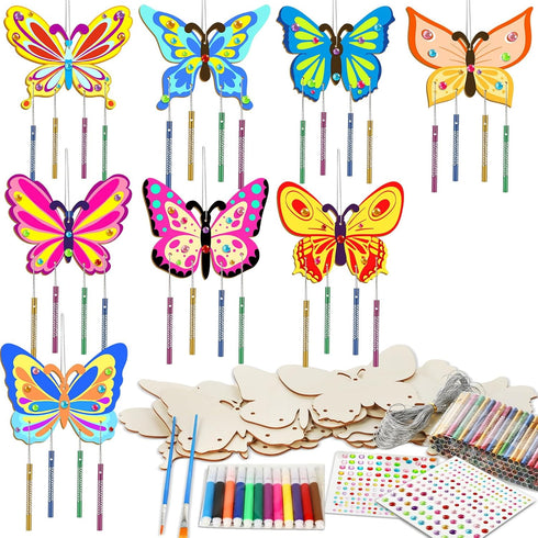 16 Pack Butterfly Wind Chime Kits for Kids, Make Your Own Wooden DIY Butterfly Crafts for Summer Party Decorations