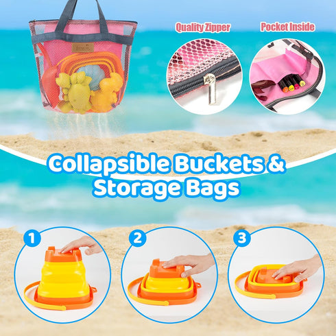 Wowlyntoy 2 2 Set Summer 3-10 Beach Sand Toys for Kids with Collapsible Beach Sand Buckets, Big Size Sand Molds, Mesh