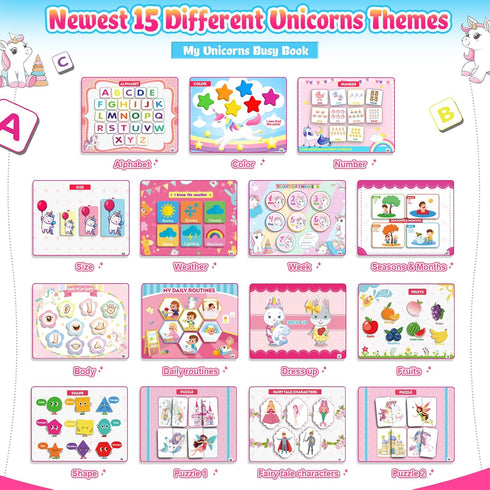 Kids Montessori Toys for Toddlers, Unicorns Gifts for Girls Age 3-5, 30 Themes Busy Book Educational Toys