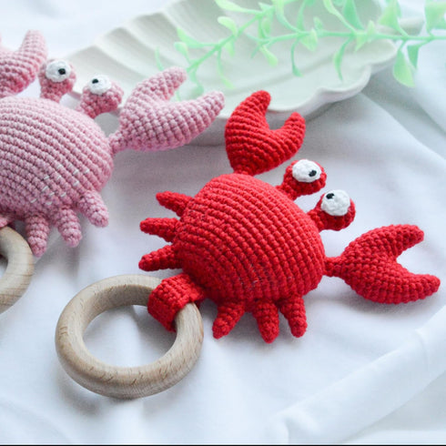Wood Baby Rattle and Crochet Infant Rattle Set, Beech Wooden Teething Ring-Crab