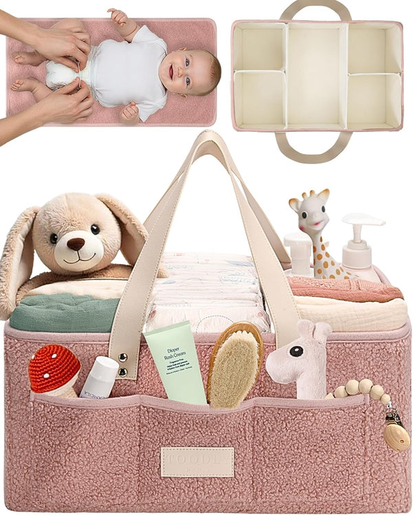 Baby Diaper Caddy Organizer with Portable Changing Mat - Teddy Fleece Diaper