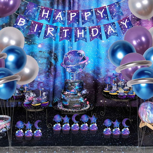 Galaxy Birthday Party Decorations for Kids, Happy Birthday Banner, Outer Space Metallic Balloons, Planet Star Cake