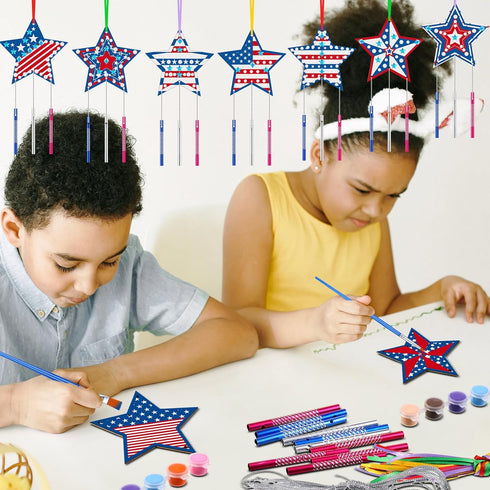 Sheroll 30 Pack 4th of July Wind Chime Kit for Kids, DIY Craft for Patriotic Star Wooden Decorations