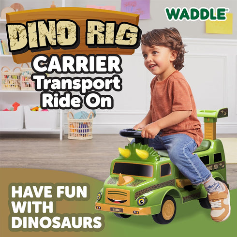 WADDLE Dinosaur Ride On Cars for Toddlers 1-3 - Dino Rig Transporter with 2 Monster Rigs, Lights, and Sound