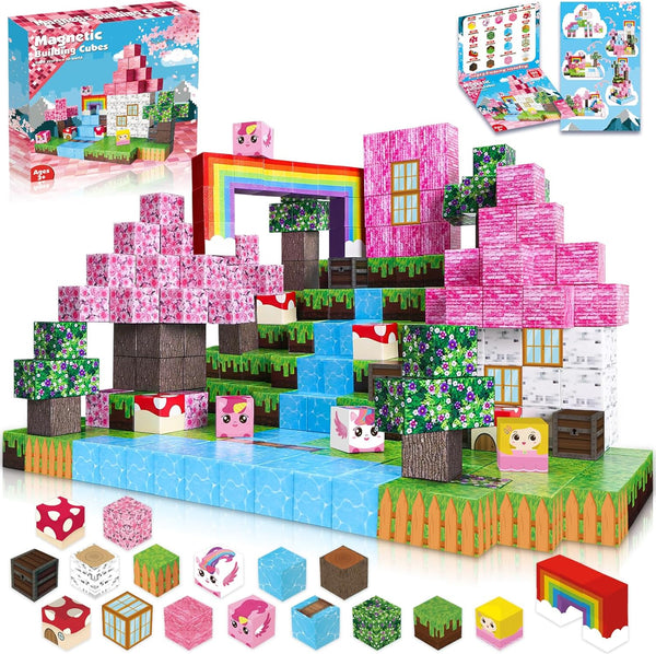 100PCS Magnetic Building Blocks - Unicorn World Magnets Cubes, Montessori Toddler Christmas Birthday Gifts, STEM