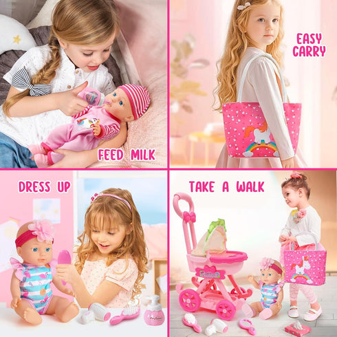 Set 12" 17pcs 3 4 5 6 7 Golray Girl Baby Doll Stroller Toy with Baby Doll & Baby Doll Accessories