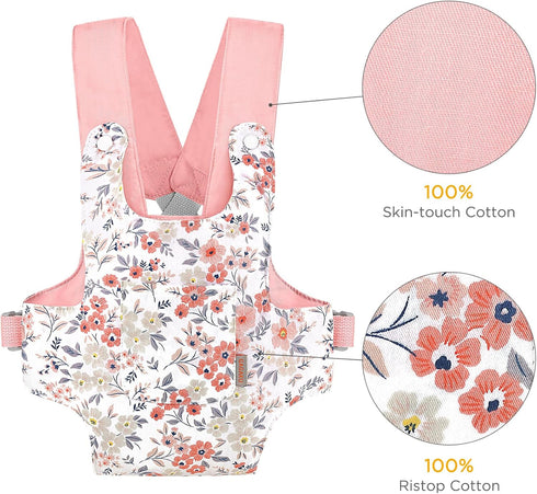 GAGAKU Baby Doll Carrier for Toddler, American Girl Bitty Baby Doll Accessories Holder, Pink Wax Flowers Stuffed Animals