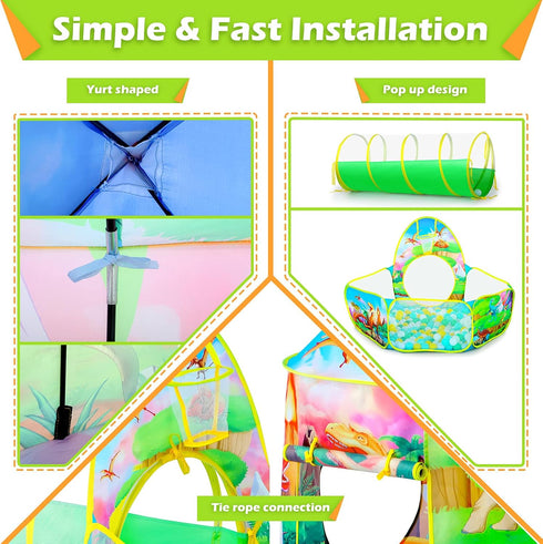 3PC Dinosaur Tent for Girls, Kids Ball Pit, Play Tents and Crawl Tunnel, Pink Pop Up Playhouse Toys