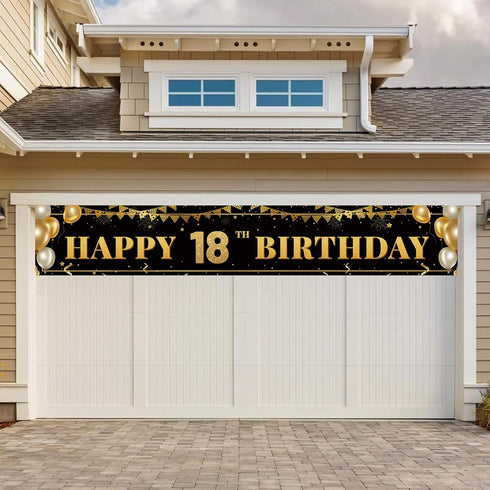 Large Black and Gold Happy 18th Birthday Decoration Banner, 18th Birthday Party Supplies (9.8x1.6ft)