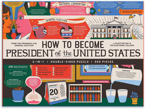 Galison How to Become President of The United States– 500 Piece Double Sided Caitlin Keegan Puzzle Featuring Illustrations about The Presidential Election and Electoral College