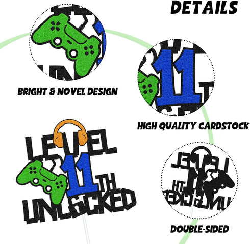 Level 11th Unlocked Cake Topper, Happy 11th Birthday Cake Decoration, Video Game Controller Theme Supplies