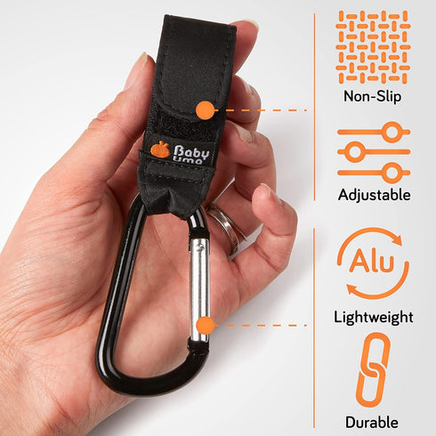 Baby Uma 2-Pack Stroller Hooks for Bags, Universal Clips, Adjustable Carabiner, Carry 11 lbs Each