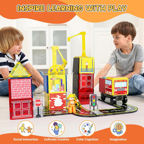 Set 2 2 3-5 5-7, 3+ Magnetic Tiles Road with Fire Trucks & Dolls, Double-Sided Magnet Tiles with Cranes, Toys for Boys