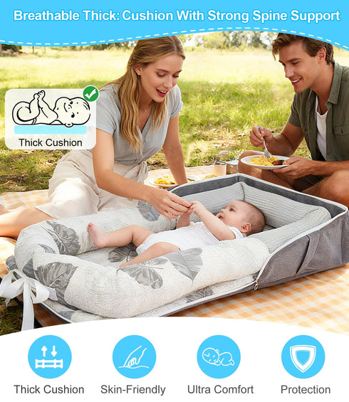 0-12 Baby Lounger, Portable Foldable Travel Lounger for Newborn Month, Washable Lightweight Infant Nest with Canopy