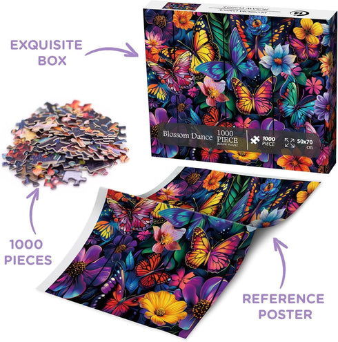 Flower Butterfly Puzzle for Adults 1000 Pieces, Colorful Nature Floral Jigsaw Puzzles, Spring Garden Plant