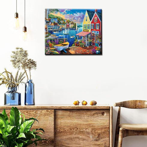 Colorful Coastal Town Paint by Number Kits, 16 x 20 inch Canvas DIY Oil Painting for Kids, Students, Adults with Brushes