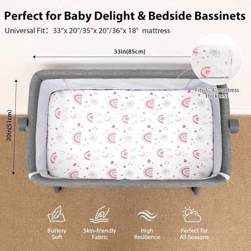 33x20 Baby Bedside Bassinet Sheets Fitted Girl, Compatible with Baby Delight Dream On Me & Most Rectangle Bedside