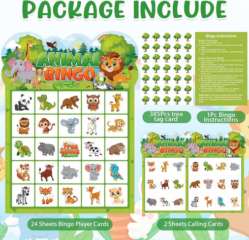 Leezead 24 Animal Bingo Game for Toddler Adults, Players Jungle Safari Animal Bingo Game Cards Birthday Party Bingo