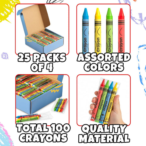 100 Pack (25 Sets 4) Bulk Crayons of - Individually Wrapped Crayons Party Favors for Kids, Restaurants, Classrooms