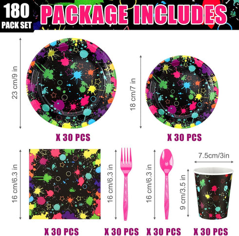 Yingzhao 180 Pcs Neon Birthday Party Paper Plates and Napkins Cups Supplies Disposable Glow Tableware Decoration Utensils Included for Glow in the Dark Party Decorations, Serve 30 Guests(Neon Party)