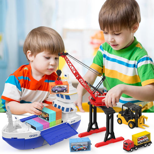 2-in-1 Playset, CUTE STONE Toy Boat & Tower Crane Cargo Ship with Lights/Sounds | Push-Go Transport Ship & Construction