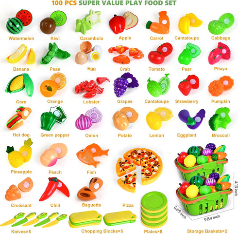 100 2 2 3 4 5 PCS Cutting Play Food Toy for Kids Kitchen, Pretend Food Kitchen Toys Accessories with Baskets, Fake