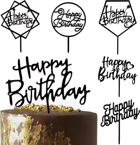 6-Pack Black Birthday Cake Topper Set, Double-Sided Shiny Acrylic Happy Birthday Sign for Party Decorations
