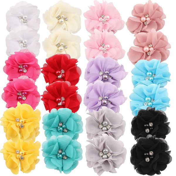 inSowni 2" Alligator Hair Clips - Barrettes with Chiffon Flower Bow and Rhinestone Pearl for Baby Girl