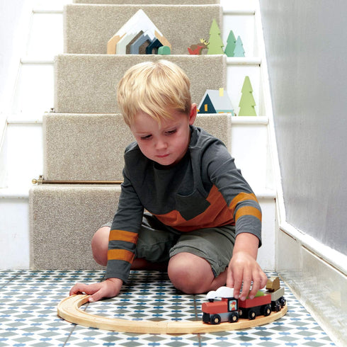 Tender Leaf Toys Fir Tops Set of Three Wooden Fir Trees and a Fox for Kids Train Accessories