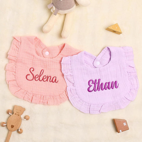 Van Fan & Shi Monogrammed Personalized Embroidered Baby Bib pure Cotton Muslin with Name, Customed Baby Girl Soft Bib