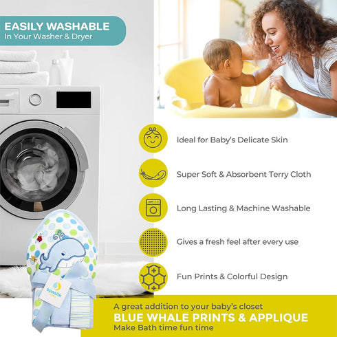 3 Spasilk Baby Bath Hooded Terry Towel with Washcloths, Baby Bath Essentials, One Size, Blue Whale