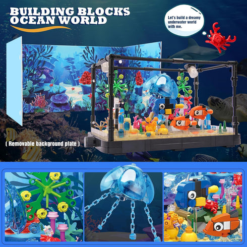 Fish Tank Building Block, Lighting Aquarium Building Sets for Adults and Kids, Ocean Jellyfish, Dolphin, Turtle, Crab,