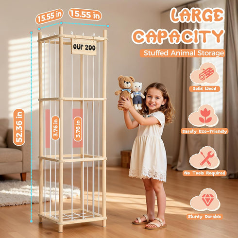 LAMU Stuffed Animal Storage, Wooden Zoo Stuffed Animal Holder with Elastic Cords, Space Save Toy Organizer, Extra Large