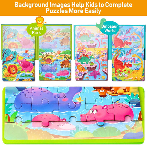 Magnetic Puzzles for Kids Ages 3-5 - Two-Book Set - Dinosaur Animal Jigsaw Puzzle Magnet Books for Learning Activities